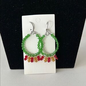 Vibrant Green and Red Beaded Earrings